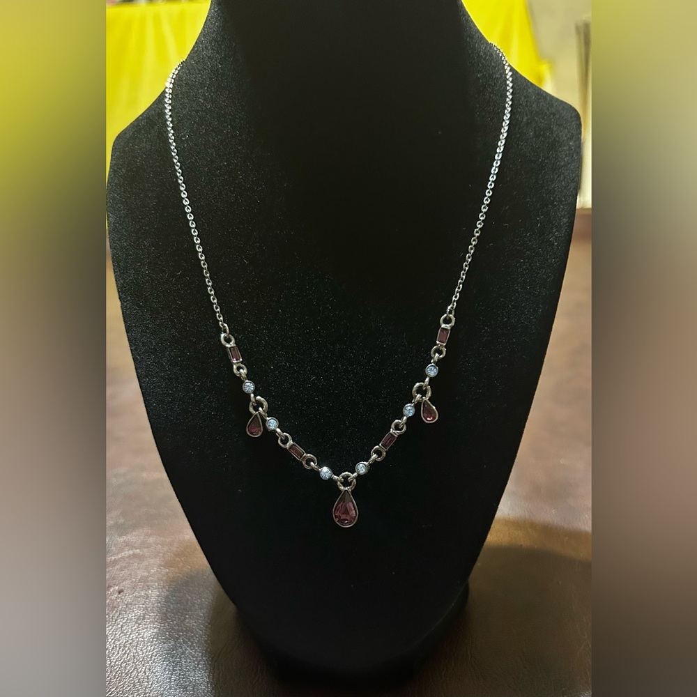 Vintage Silver-Tone and Pink Teardrop & Blue Rhinestone Necklace 19 inches